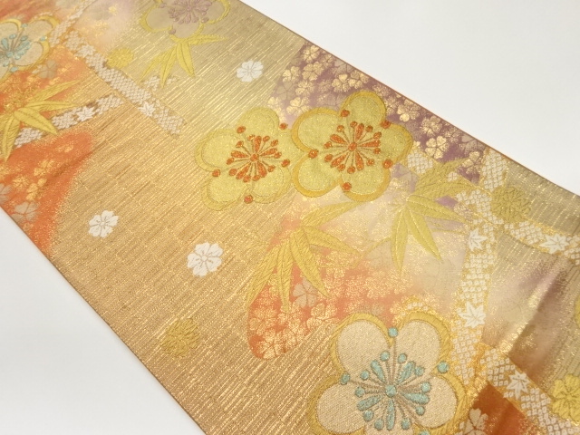 梅・笹・花々模様織出し袋帯